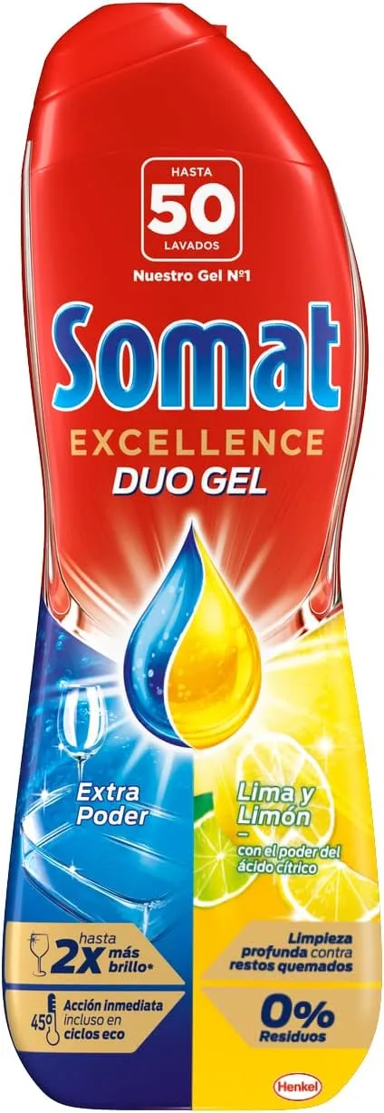 Somat ▫️ Excellence Gel Limão & Lima (50 lavagens), detergente desengordurante para a loiça, detergente automático para a loiça numa garrafa, detergente para a loiça que remove a sujidade entranhada