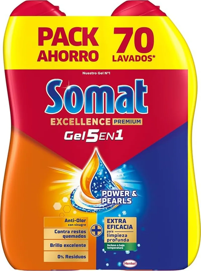 Somat ▫️ Excellence Duo Gel Refrescante Anti-Odor, Detergente para Máquina de Lavar Louça, 2x35D
