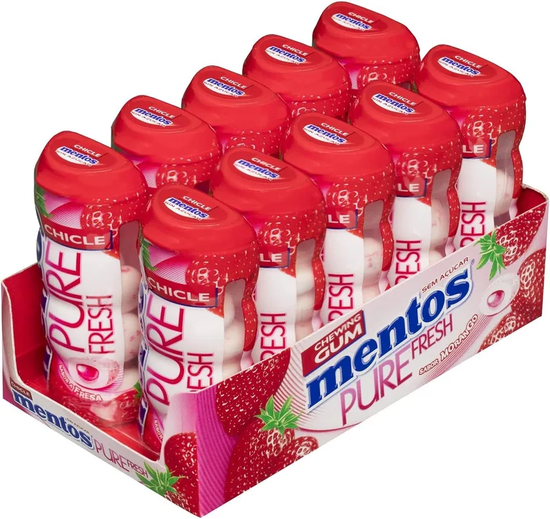 Mentos ▫️ Pocket Pastilha Elástica de Morango, Sem Açúcar - 10 unidades de 30 g (Total: 300 g)