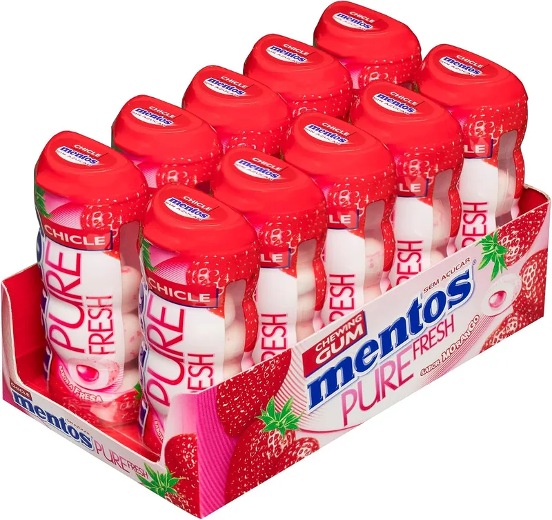 Mentos ▫️ Pocket, Pastilhas elásticas sem açúcar, Sabor a morango, Embalagem de 10 unidades