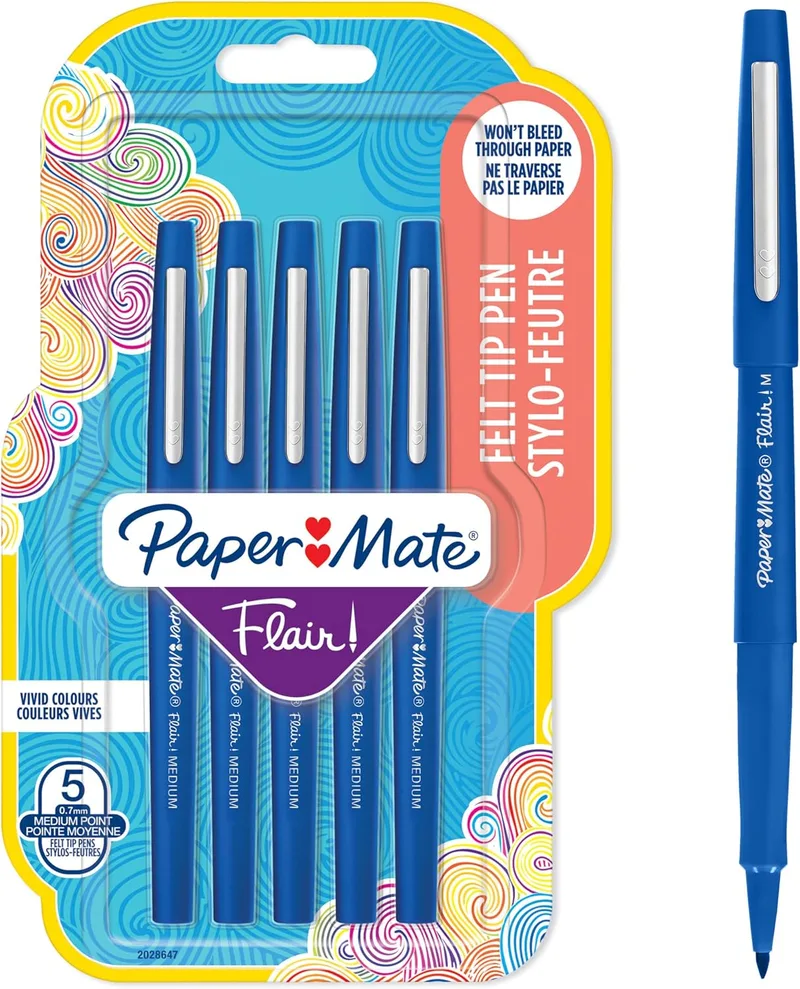 Paper Mate ▫️ Marcadores Flair com ponta de feltro | ponta média (0,7 mm) | azul | 5 unidades