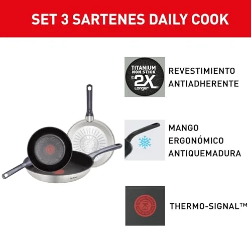 Tefal ▫️ Daily Cook - Conjunto de 3 frigideiras de 20/24/26 cm, aço inoxidável 3