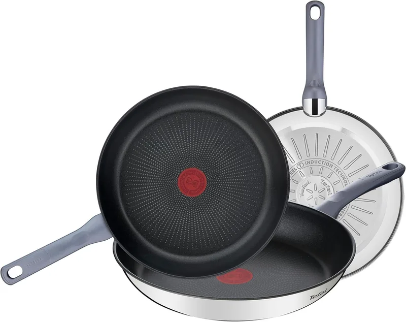 Tefal ▫️ Daily Cook - Conjunto de frigideiras de 20/24/26 cm, adequado para indução, antiaderente, revestimento de titânio, Thermo-signal, adequado para máquina de lavar louça e forno, aço inoxidável