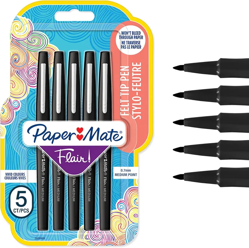 Paper Mate ▫️ Marcadores Flair com ponta de feltro | ponta média (0,7 mm) | preto | embalagem de 5