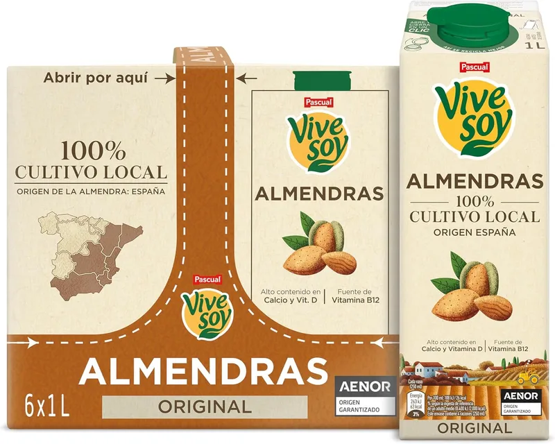 Vivesoy ▫️ Bebida vegetal de amêndoa 100% cultivada localmente - Embalagem 6 x 1L