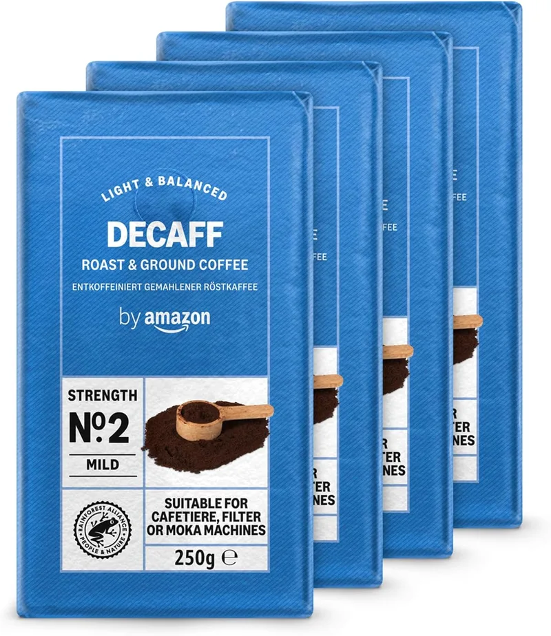by Amazon ▫️ Café moído descafeinado natural, torrefação ligeira, certificado pela Rainforest Alliance, 250 g (embalagem de 4)