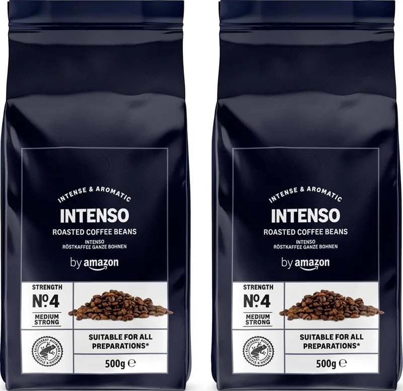 by Amazon ▫️ da Amazon Grãos de Café Intenso, Torra Suave, 1 kg (2 embalagens de 500 g), Certificado pela Rainforest Alliance