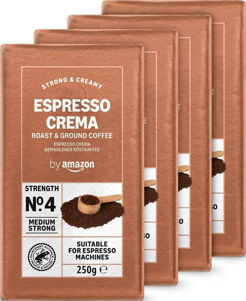 by Amazon ▫️ da Amazon Café moído Natural Espresso Crema, 250 g (embalagem de 4), torra clara - Certificado pela Rainforest Alliance