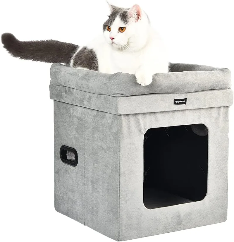 Amazon Basics ▫️ Casinha dobrável para gatos, cinzenta, 38 cm x 38 cm x 43 cm