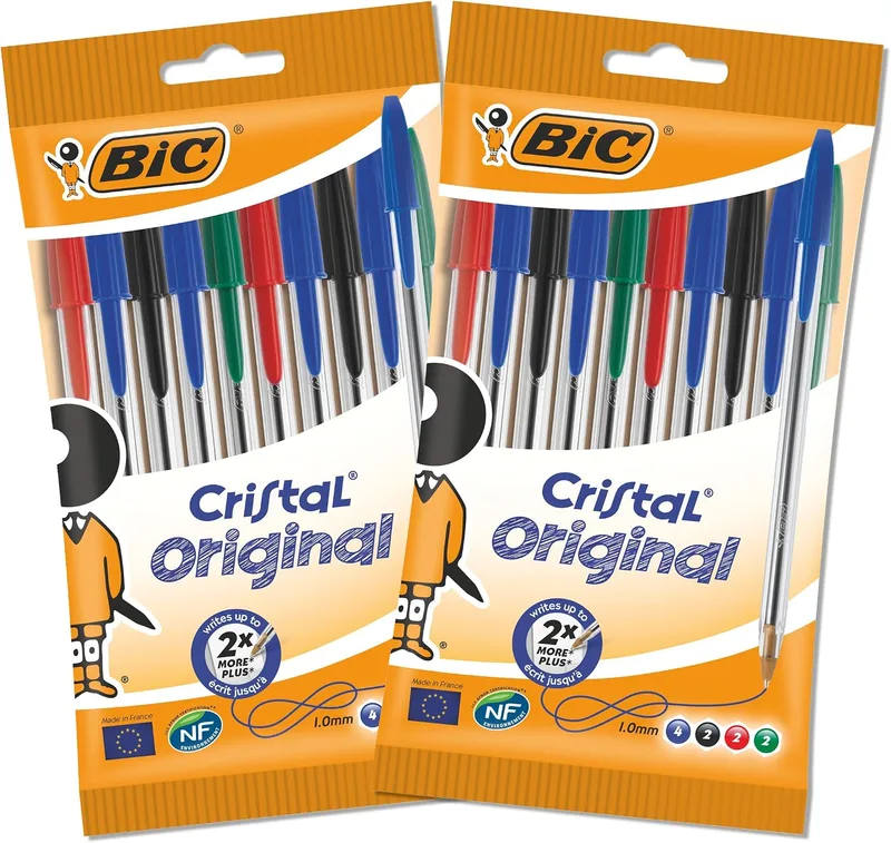 BIC ▫️ Canetas esferográficas Cristal Original com ponta média (1,0 mm) – Cores variadas, embalagem com 2 blisters de 10 unidades