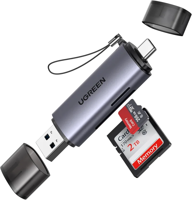 UGREEN ▫️ 2 em 1 Leitor de Cartões SD e TF com USB-C e USB 3.0, Conector Duplo (SD 3.0) | Leitor de Cartões SD e Adaptador Micro SD Compatível com iPhone 17 Pro MAX, Air, MacBook Pro, Air, iPad Pro, Galaxy S25 e S24