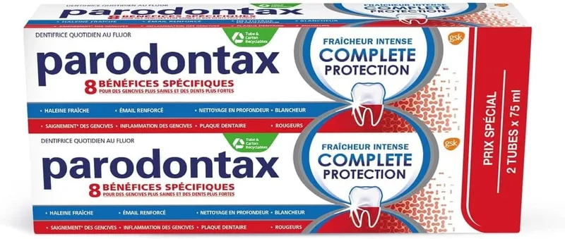 Parodontax ▫️ Pasta de Dentes Proteção Completa e Frescor Intenso, 8 Benefícios, Contra o Sangramento Ocasional das Gengivas, Embalagem com dois tubos (2 x 75 ml)