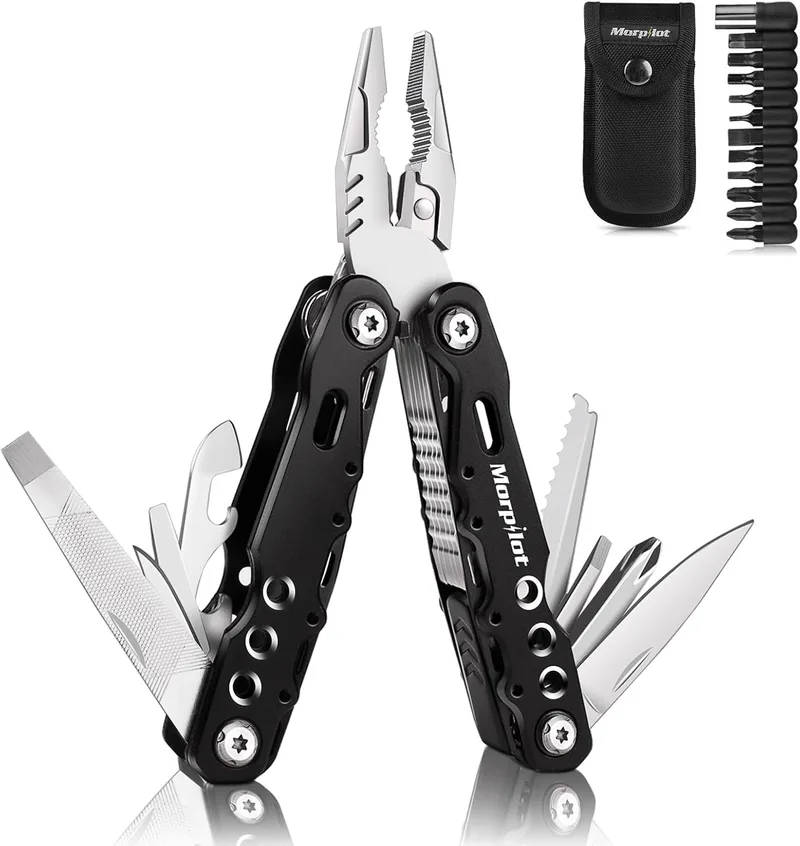Morpilot ▫️ Alicate Multiusos Multi - Alicate 25 em 1, Chaves de fendas 11 em 1, Alicate Multifuncional em aço inoxidável, com sistema anti-queda para atividades ao ar livre, com bolsa de nylon