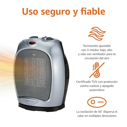 Amazon Basics ▫️ Aquecedor cerâmico oscilante, 1800 W, com termóstato ajustável, Prateado 2