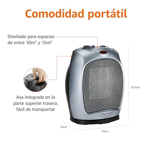 Amazon Basics ▫️ Aquecedor cerâmico oscilante, 1800 W, com termóstato ajustável, Prateado 3