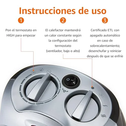 Amazon Basics ▫️ Aquecedor cerâmico oscilante, 1800 W, com termóstato ajustável, Prateado 4