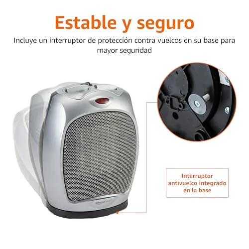 Amazon Basics ▫️ Aquecedor cerâmico oscilante, 1800 W, com termóstato ajustável, Prateado 5