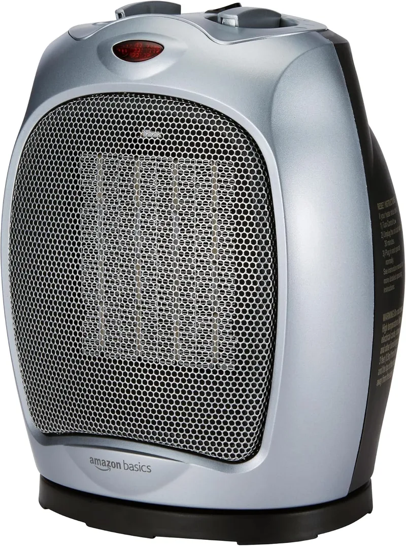 Amazon Basics ▫️ Aquecedor cerâmico oscilante, 1800 W, com termóstato ajustável, Prateado