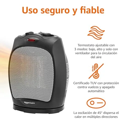 Amazon Basics ▫️ Aquecedor cerâmico oscilante, 1800 W, com termóstato regulável, Preto 2