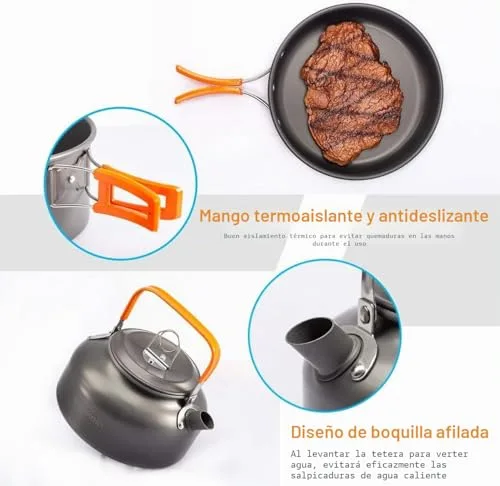OVERMONT ▫️ Conjunto de 14 peças de utensílios de cozinha para campismo: panela, frigideira, bule e louça para acampamento, caminhadas e excursões ao ar livre, em alumínio 4