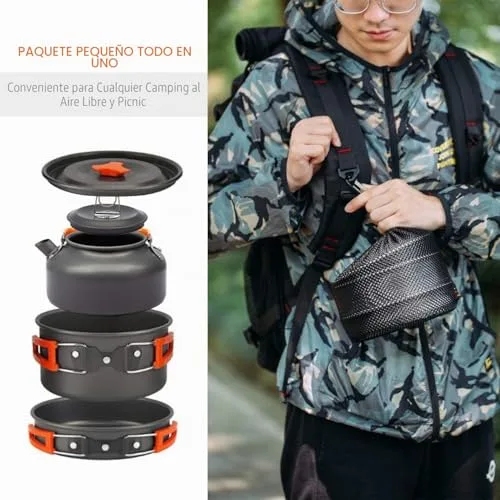 OVERMONT ▫️ Conjunto de 14 peças de utensílios de cozinha para campismo: panela, frigideira, bule e louça para acampamento, caminhadas e excursões ao ar livre, em alumínio 5
