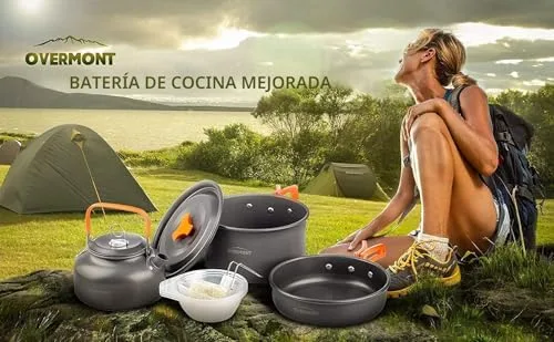 OVERMONT ▫️ Conjunto de 14 peças de utensílios de cozinha para campismo: panela, frigideira, bule e louça para acampamento, caminhadas e excursões ao ar livre, em alumínio 6