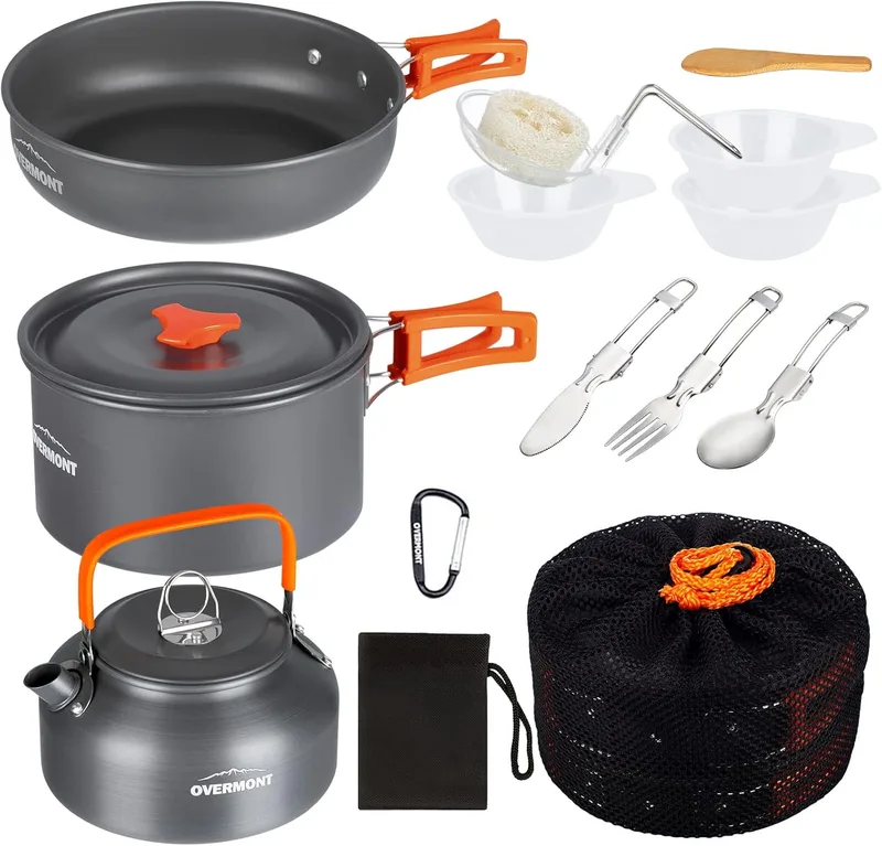 OVERMONT ▫️ Conjunto de 14 peças de utensílios de cozinha para campismo: panela, frigideira, bule e louça para acampamento, caminhadas e excursões ao ar livre, em alumínio
