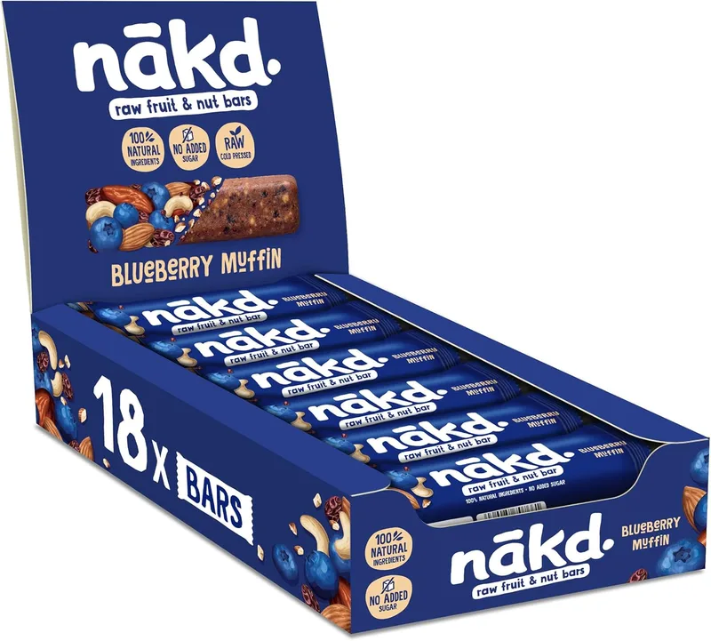 nākd. ▫️ Blueberry Muffin - Barras cruas de fruta e frutos secos - 100% ingredientes naturais - Sem adição de açúcar - 18 x 35 g