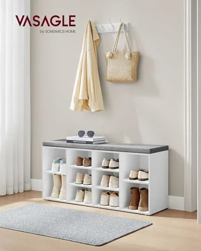 VASAGLE ▫️ Banco para sapatos, prateleira para sapatos, armário de arrumação, 10 compartimentos, com almofada, para a entrada, 104 x 30 x 48 cm, branco LHS10WT 2