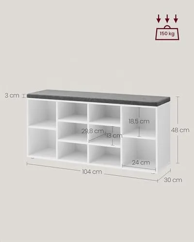 VASAGLE ▫️ Banco para sapatos, prateleira para sapatos, armário de arrumação, 10 compartimentos, com almofada, para a entrada, 104 x 30 x 48 cm, branco LHS10WT 3
