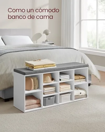 VASAGLE ▫️ Banco para sapatos, prateleira para sapatos, armário de arrumação, 10 compartimentos, com almofada, para a entrada, 104 x 30 x 48 cm, branco LHS10WT 4