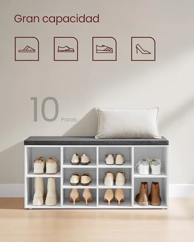 VASAGLE ▫️ Banco para sapatos, prateleira para sapatos, armário de arrumação, 10 compartimentos, com almofada, para a entrada, 104 x 30 x 48 cm, branco LHS10WT 5