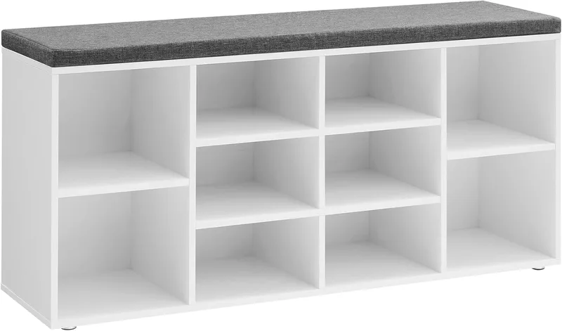 VASAGLE ▫️ Banco para sapatos, prateleira para sapatos, armário de arrumação, 10 compartimentos, com almofada, para a entrada, 104 x 30 x 48 cm, branco LHS10WT