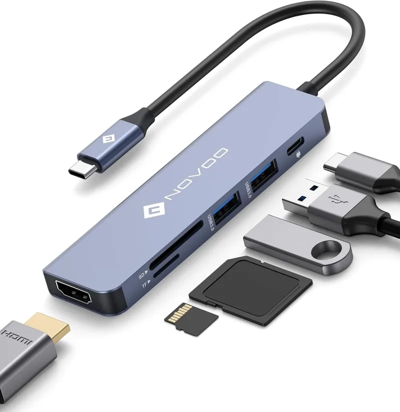 NOVOO ▫️ Hub USB C adaptador USB C 6 em 1 com porta de carregamento PD 100W, HDMI 4K, 2 USB 3.0, leitor de cartões SD/TF, adaptador multiportas para MacBook Air/Pro e outros dispositivos tipo C