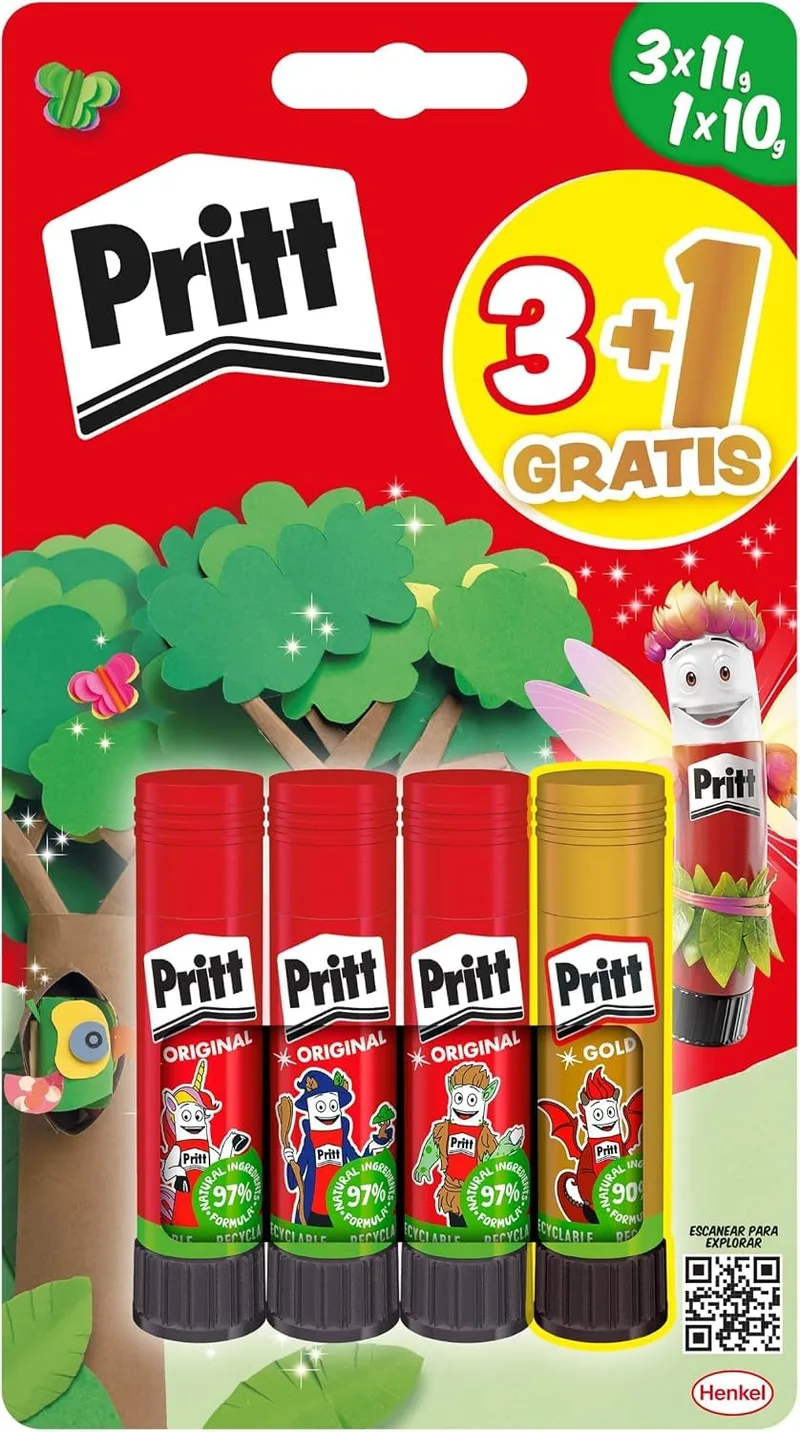 Pritt ▫️ Stick Original - Cola em barra escolar para trabalhos manuais, 4 x 11 g