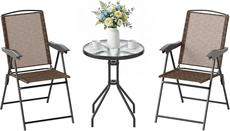 Outsunny ▫️ Conjunto com mesa e 2 cadeiras – Mobiliário de jardim para exterior, pátio e terraço – Cadeira dobrável com encosto reclinável em 4 posições, tecido Texteline e estrutura em aço castanho