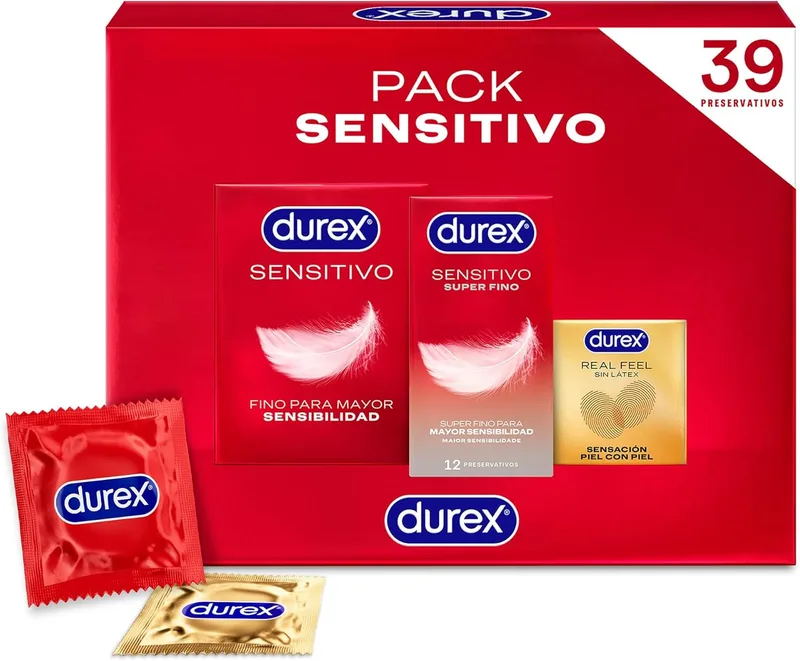 Durex ▫️ Embalagem de preservativos Sensitivo Suave + Sensitivo Contacto Total + Real Feel sem látex, Embalagem económica com 39 preservativos