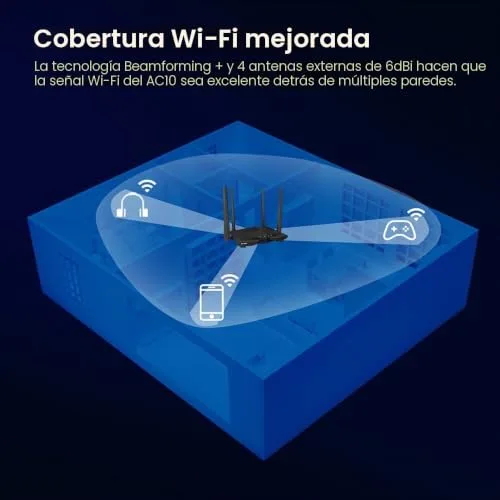Tenda ▫️ AC10 - Router Wi-Fi Gigabit de banda dupla, 2,4 GHz a 300 Mbps e 5 GHz a 867 Mbps, 4 antenas externas de 6 dBi, 1 porta WAN e 3 portas LAN de 10/100/1000 Mbps, Gaming, modo AP, controlo via aplicação, MU-MIMO 4