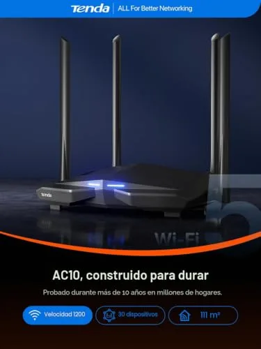 Tenda ▫️ AC10 - Router Wi-Fi Gigabit de banda dupla, 2,4 GHz a 300 Mbps e 5 GHz a 867 Mbps, 4 antenas externas de 6 dBi, 1 porta WAN e 3 portas LAN de 10/100/1000 Mbps, Gaming, modo AP, controlo via aplicação, MU-MIMO 6