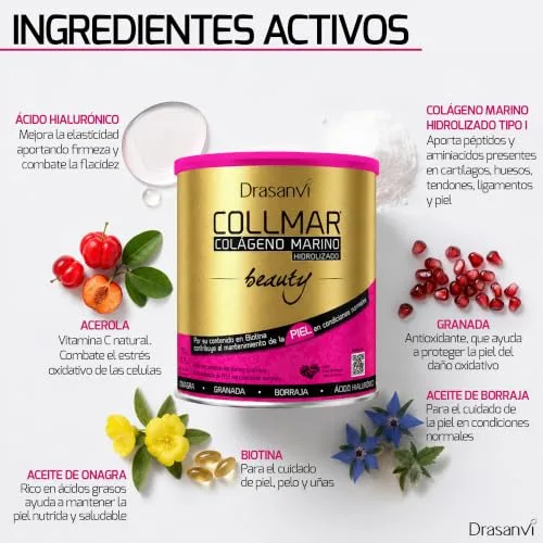Drasanvi ▫️ COLLMAR BEAUTY COLÁGENO MARINHO PARA A PELE, Colagénio Hidrolisado com Vitamina C Natural, Biotina e Ácido Hialurónico, Pele Bonita e Hidratada, Sabor a Frutos do Bosque, 275 GR 4