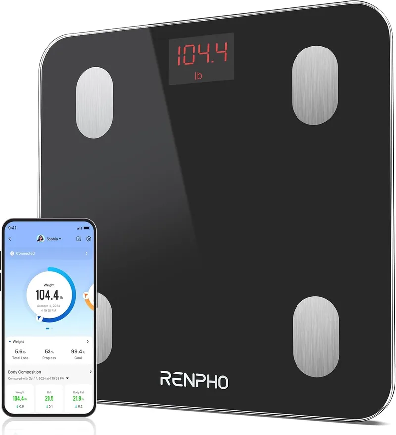 RENPHO ▫️ Balança digital de casa de banho para medição da gordura corporal, balança inteligente Bluetooth com aplicação, balança eletrónica de análise corporal, 13 medições de IMC, peso visceral e muscular, preto, Elis 1