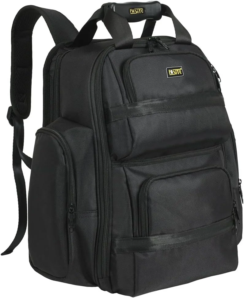 FASITE ▫️ Tool Backpack - Mochila de ferramentas - Armazenamento e organizador profissional resistente para empreiteiros, electricistas, canalizadores, HVAC, grande aba frontal para computadores portáteis de 13-17 polegadas,