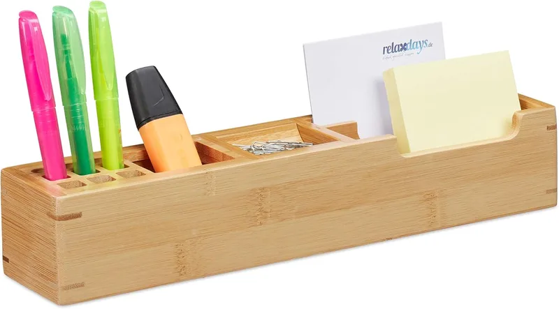Relaxdays ▫️ Organizador de secretária onze compartimentos, bambu, castanho, 6 x 32 x 7 cm