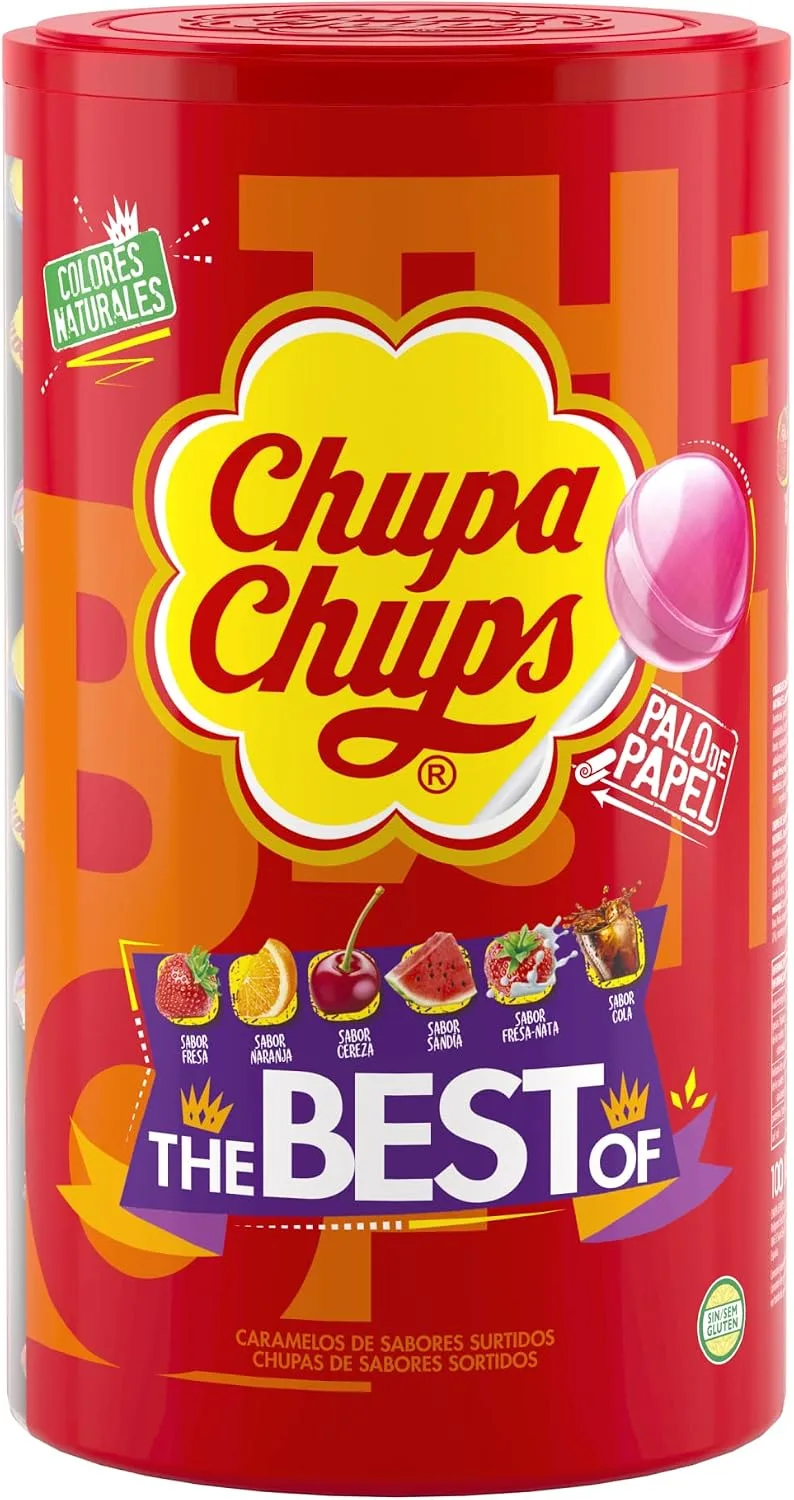 Chupa Chups ▫️ Rebuçados no pau com sabores variados: Nata/Morango, Cola, Melancia, Cereja, Laranja, 12 g (Embalagem de 100)