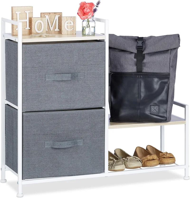 Relaxdays ▫️ Cómoda multifunções com 2 gavetas, metal-tecido, cinzento, 76 x 83 x 29 cm