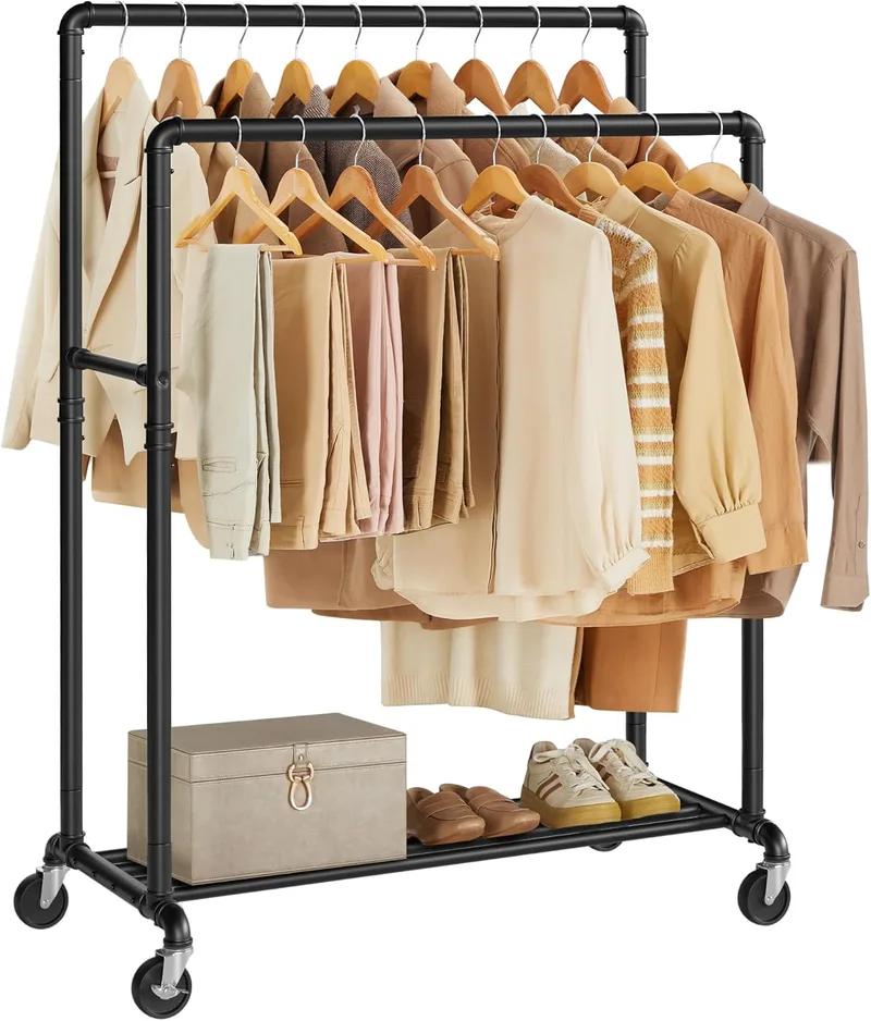 SONGMICS ▫️ Cabide de burro com barra dupla, estrutura metálica, 59 x 100 x 162 cm, cabide com prateleira para arrumação e rodas, 2 rodas com travão, carga 110 kg, preto HSR60B