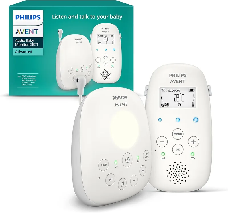 AVENT ▫️ Monitor de bebés Philips com áudio DECT, luz noturna e canções de embalar, intercomunicador bidirecional, alcance de 330 m e autonomia de 18 h, ligação segura, sensor de temperatura, SCD713/26