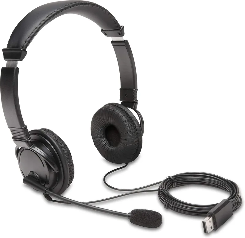 Kensington ▫️ K97601WW - Auscultadores USB-A com microfone, som estéreo Hi-Fi, drivers de 40 mm, supressão de ruído, arnês ajustável almofadado, cabo de 1,8 m, compatíveis com Windows, Mac e Chromebook
