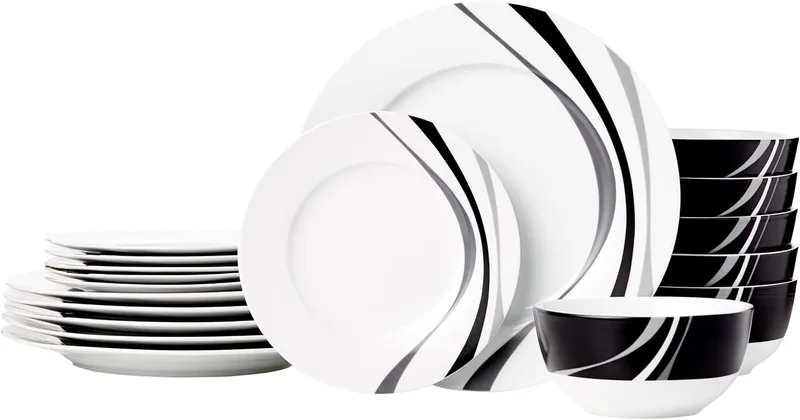 Amazon Basics ▫️ Conjunto de louça de 18 peças, padrão Remolino, 6 serviços