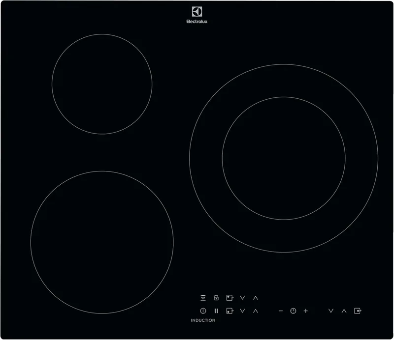Electrolux ▫️ LIT60336 Placa de indução, Biselada, 3 zonas extra-plana, Função ponte, Aquecimento rápido automático, Compatível com ligação ao exaustor, Temporizador, Controlo tátil, Preto, 60 cm